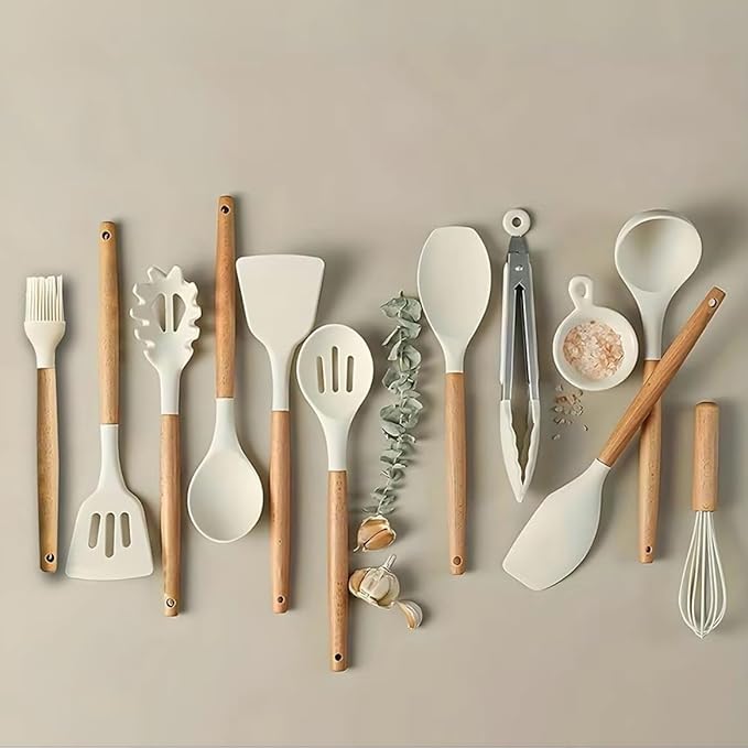 Kitchen Utensil Set with Holder, 19-Piece Silicone Cooking Tools, Wooden Handles, Available in White, Grey, Pink,Black (White)