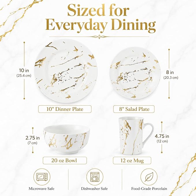 White and Gold Dinnerware Set for 4, 16-Piece Porcelain Plates and Bowls Set with Gold Trim, Modern Ceramic Dish Set for Home Dining and Gifts