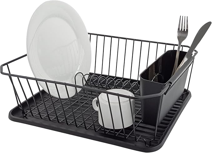 Asixxsix Dish Drying Rack, Stainless Steel Dish Drainer with Utensil Holder and Drainboard, Sink Organization and, 14" x 12" x 5" for Home and Apartment Decor (Black)