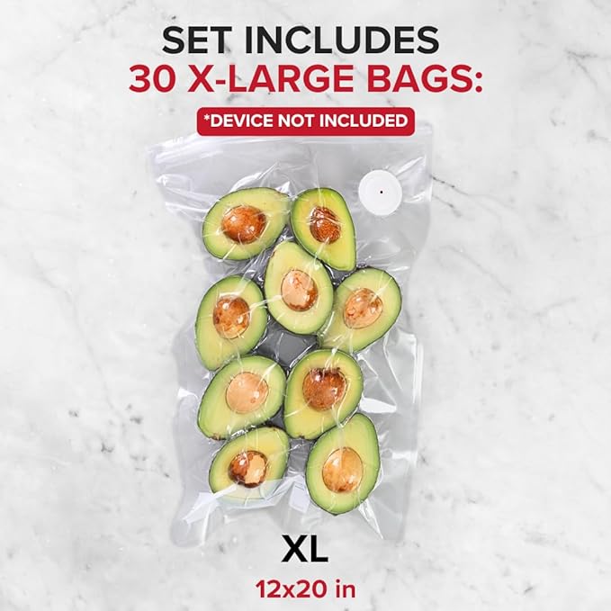 Chef Preserve Reusable Vacuum Sealer Bags for Food - 30 BPA-Free XL Large (12 x 20 in) Food Storage Bags, Freezer, Microwave - Odor-Resistant, Leak-Proof - Compatible with Chef Preserve Vacuum Sealers