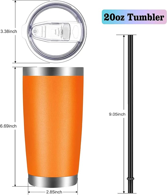 VEGOND 20oz Tumbler with Lid and Straw Stainless Steel Tumbler Cup Bulk Vacuum Insulated Double Wall Travel Coffee Mug Powder Coated Coffee Cup, Orange, 6 Pack