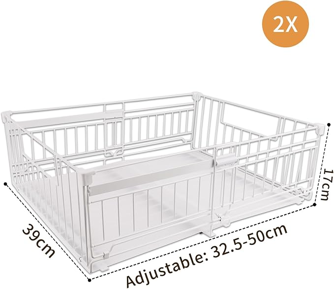 Expandable Pull Out Cabinet Organiser, No Drill Adhesive Slide Out Kitchen Drawer Shelf Durable Metal for Under Sink, Cupboard, Pantry, Adjustable Width (12.8"-19.7") (Style B White, 2 Pack)