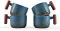 6oz Ceramic Espresso Cups with Wooden Handle, Small Coffee Cups for Latte Cappuccino, Tea Cups Set of 4