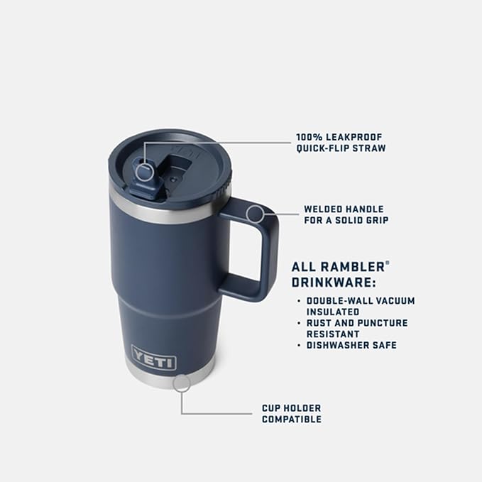 YETI Rambler 20 oz Travel Mug with Flip Straw Lid – Stainless Steel, Vacuum Insulated, Leakproof, Cup Holder Friendly, White