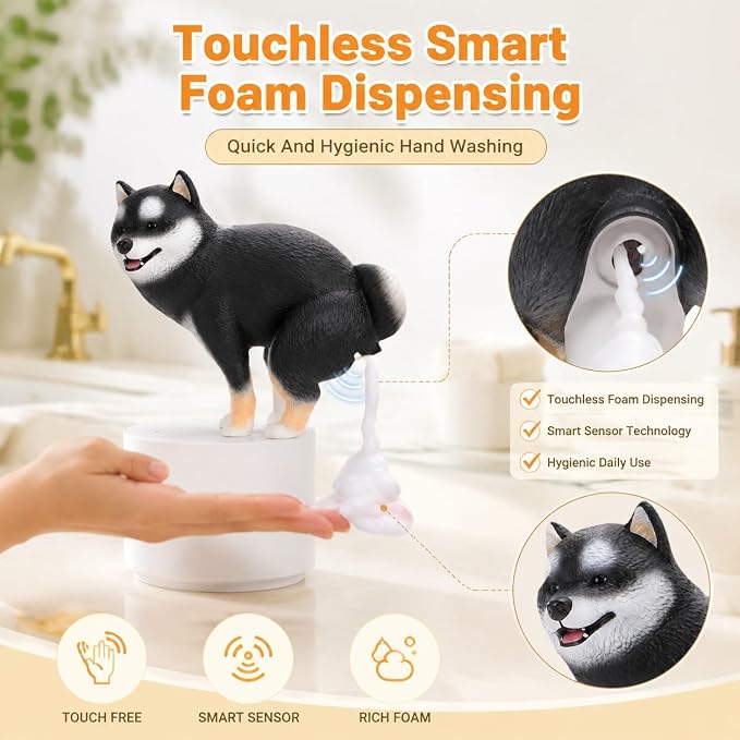 Playful Dog Foam Soap Dispenser, Automatic Soap Dispenser Touchless, Funny Puppy Poop Induction Hand Washer, Automatic Soap Dispenser for Kitchen Bathroom (Black)