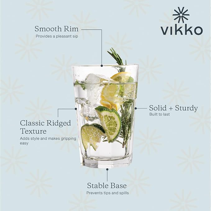 Vikko Large Drinking Glasses, 14 Ounce Glass Cups, Durable Glasses Drinking Set of 12, Stackable Water Glasses, Highball Glasses, Heavy Base Tumblers & Water Glasses, Dishwasher Safe Cups for Kitchen