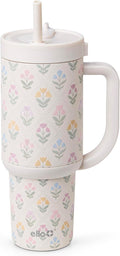 Ello Oasis 30 oz Tumbler with Handle & Retracting Straw | Reusable Insulated Stainless Steel Cup 100% Leakproof | Gifts for Teens Women | Keeps cold for 24 Hours | Cup Holder Friendly | Flower Quilt
