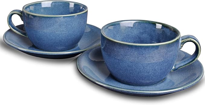 Bosmarlin Ceramic Coffee Cup Mug with Saucer Set of 2 for Latte, Cappuccino, Tea, 8.5 Oz, Dishwasher and Microwave Safe(Royal blue, 2)