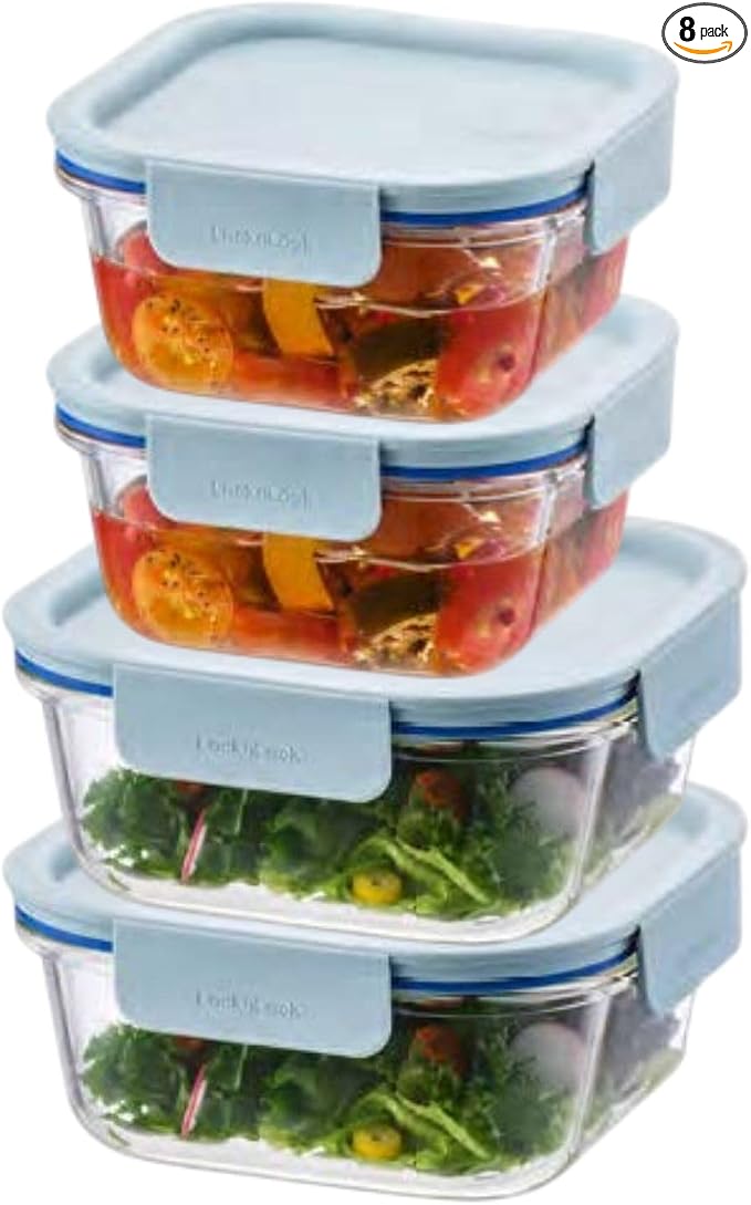LocknLock LNG214S4M The Clear Heat-Resistant Borosilicate Glass Food Storage Set, 8-Piece (4 Containers + 4 Lids) - Mint