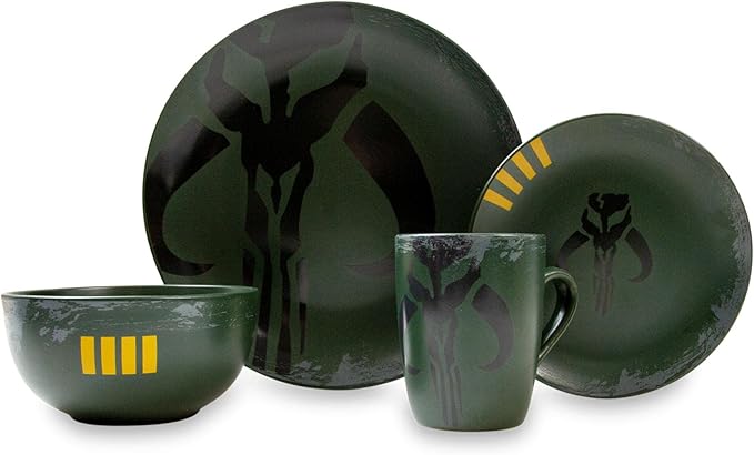 Star Wars Boba Fett Mandalorian Dinnerware Dining Set | Official Star Wars Collectible Stoneware Display | Includes Plates, Bowl, And Mug | 4-Piece Set