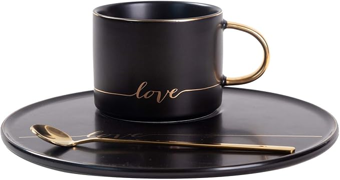 TJ Gobal Porcelain Coffee Mug, Tea Cup with Saucer and Golden Spoon with Gold Scripted Love and Trim for coffee, Hot Chocolate, Cappuccino, and Latte, 8 Oz. (Black)