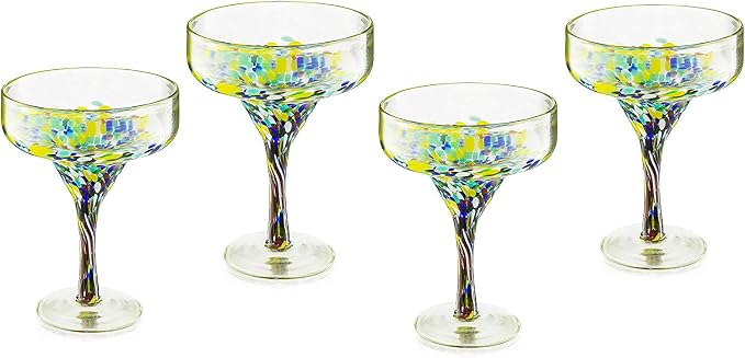Margarita Glasses – Set of 4 - Luxury Hand Blown Confetti Margaritas, Cocktails, Water, Wine, Dessert, Martini & Champagne Cinco de Mayo, Hand Blown - Mexican Confetti Design Glass, Party, Home & Bar
