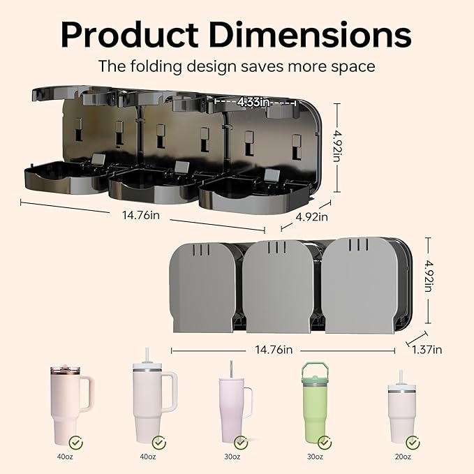 Magnetic Stanley Cup Holder for Fridge, Water Bottle Organizer & Tumbler Rack with Foldable Design for Kitchen, Stanley Cup 40 oz Accessories, Ideal Gifts 2PCS (Black)