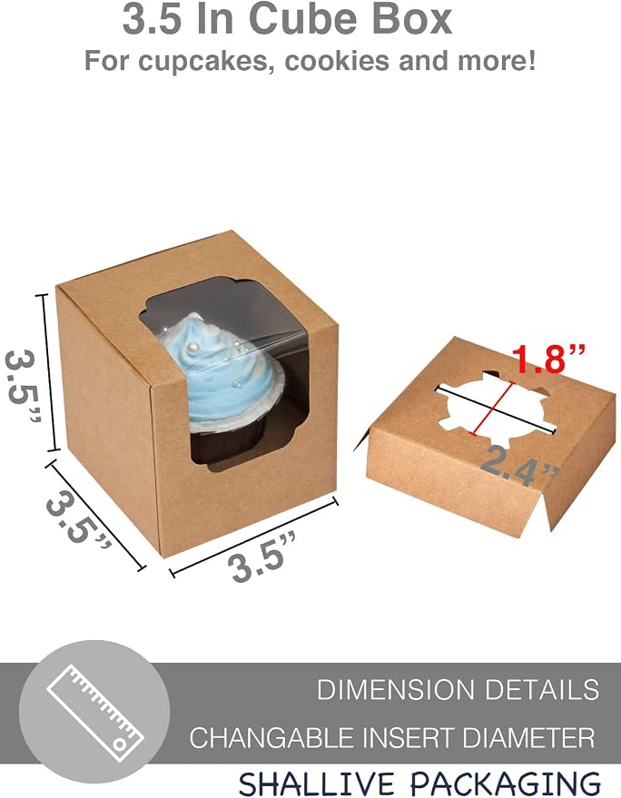 100 Pcs Kraft Brown Cupcake Boxes Individual Bulk Paper Cupcake Containers Single with Insert and Window, Pop up Cookie Boxes and Cocoa Bombs Boxes Packaging for Bakery Gift Giving
