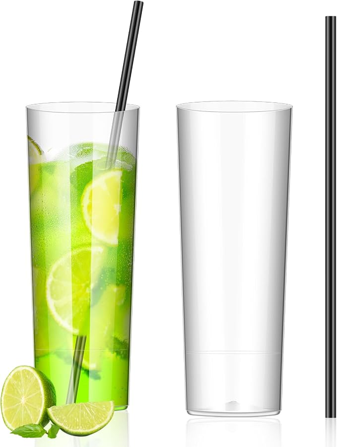 Plastic Highball Glasses with Straws, 10 oz Shatterproof Drinking Cups, Tall Whiskey Collins Glass with Straw, Smoothie Tumbler Mojito Cocktail Cup for Wedding Spring Summer Party