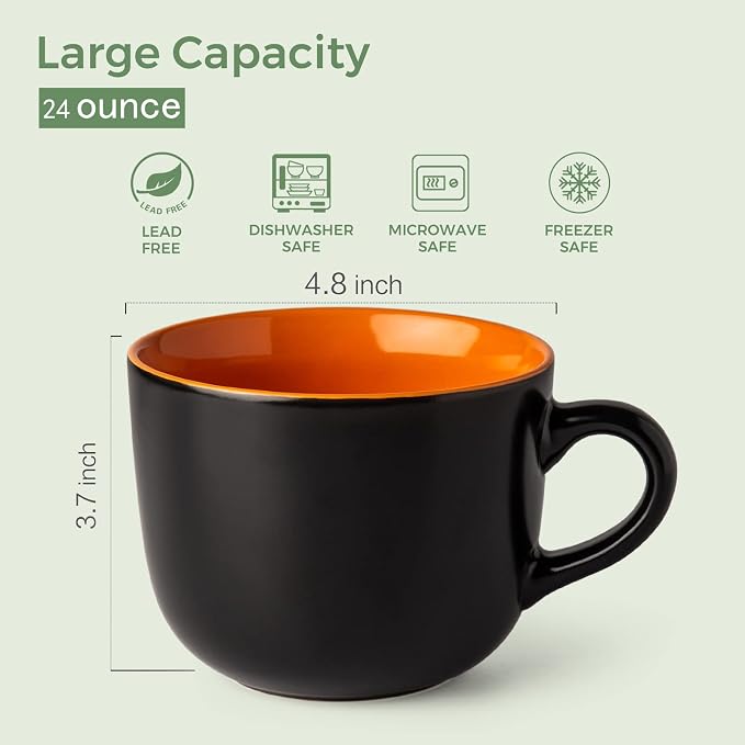 AmorArc 24 oz Soup Mugs with Handles, Jumbo Ceramic Bowls Mugs Set with handles for Coffee Cereal Cappuccino Snacks, Microwave&Dishwasher safe Soup Cups for Meal-Orange