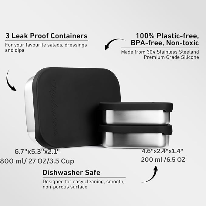 Modaniam 27 OZ Leak proof Stainless Steel Lunch Box containers, Stainless Steel Lunch Containers, Bento box, Metal Lunch Containers, Snacks container, Black, Small - 27 Oz+ 2 * 6.5Oz