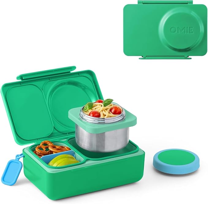 Omie OmieBox UP bento Box for Kids | Insulated Lunch Box | Leak Proof Vacuum Insulated Thermal Food jar | Cooler ice Pack | 2 Compartments (Jade Green)