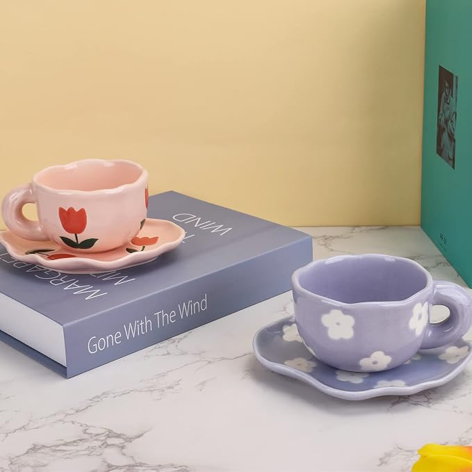 Koythin Ceramic Coffee Mug with Saucer Set, Cute Creative Cup Unique Irregular Saucer Design for Office and Home, Dishwasher and Microwave Safe, 6 oz/180 ml for Latte Tea Milk (Pink Tulips)