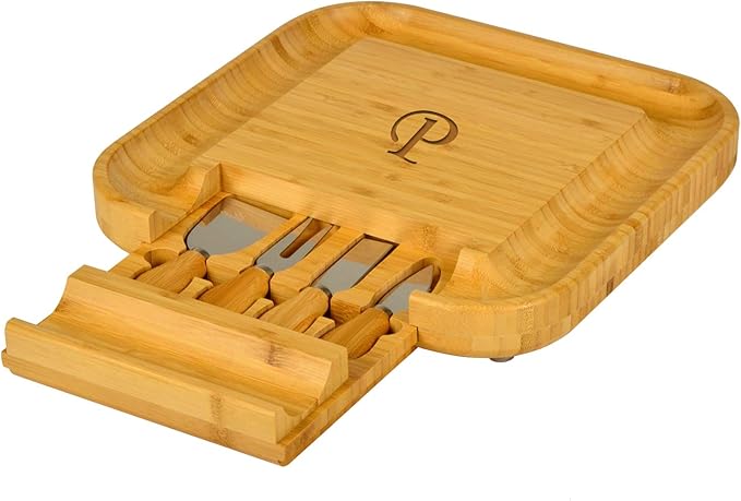 Picnic at Ascot Personalized Monogrammed Engraved Bamboo Cutting Board for Cheese & Charcuterie with Knife Set & Cheese Markers- Designed & Quality Checked in USA