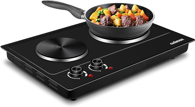 CUSIMAX Hot Plate, 1800W Electric Burner Double Hot Plate for Cooking Countertop Burner with Adjustable Temperature Control, Portable Electric Cast Iron Hot Plates Cooktop, Easy to Clean, Black