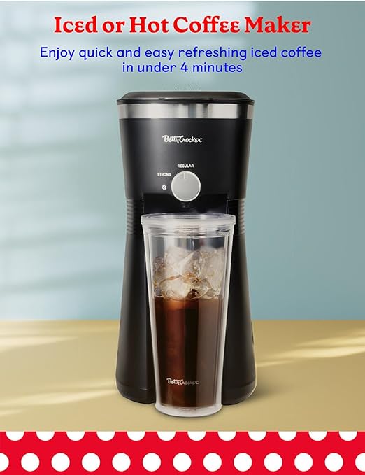 Betty Crocker Coffee Maker for Iced & Hot Brew, Brews in 4 Minutes, Compact Iced Coffee Machine with Chrome Accents, Reusable Filter, BPA-Free 20-Oz Tumbler & Straw, BC-4869B, Black