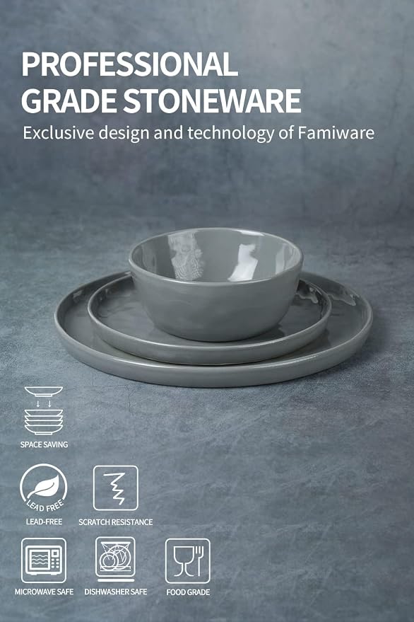 Famiware Mars Plates and Bowls Set, 18 Pieces Dinnerware Sets, Dishes Set for 6, Dark Gray
