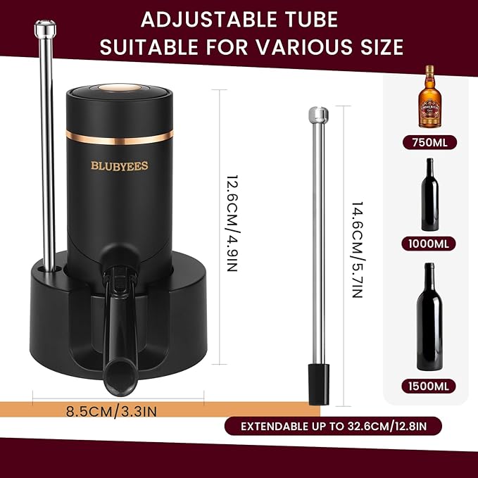 BLUBYEES 3-in-1 Electric Wine Aerator & Decanter Set with Stand Base - Automatic Pump Dispenser, Retractable Tube, and Built-in Pourer, Ideal Gift for Wine Lovers