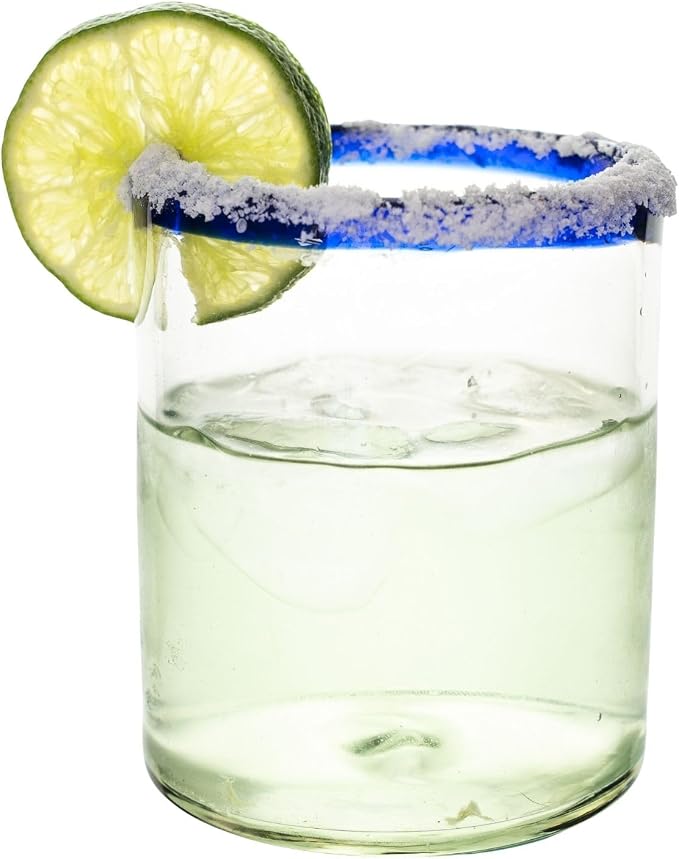Cobalt Blue Rim Hand Blown Tumbler Glasses Set of 6 | 10 oz Mexican Glassware | Recycled Glass | Hand blown Mexican Drinking Glasses for Cocktails, Wine & Tequila
