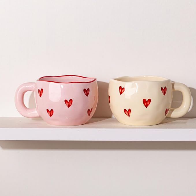 4pcs Ceramic Heart Mugs, 9.4OZ Cute Love Coffee Cup Set, Pink & Yellow, Dishwasher Safe Espresso/Latte Mugs Set, Gift for Women/Mom/Girl Friend(Love)