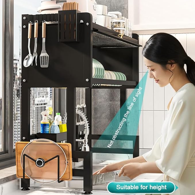 Dish Drying Rack, 3-Tier Over The Sink Dish Drying Rack, 33.5" Over Sink Dish Rack for Small Kitchen, Space-Saving Dish Rack with Cover for Dishes, Glasses, Bowls, Cutlery