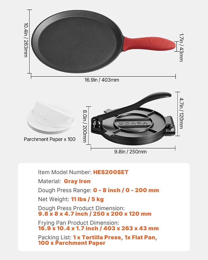 VEVOR Tortilla Press, 8 Inch Cast Iron Tortilla and Roti Maker, Heavy Duty Tortilladora Press, Pataconera Makers with Handle and 100 Pcs Parchment Paper, Dough Taco Press for Flour Tortilla, Tawa