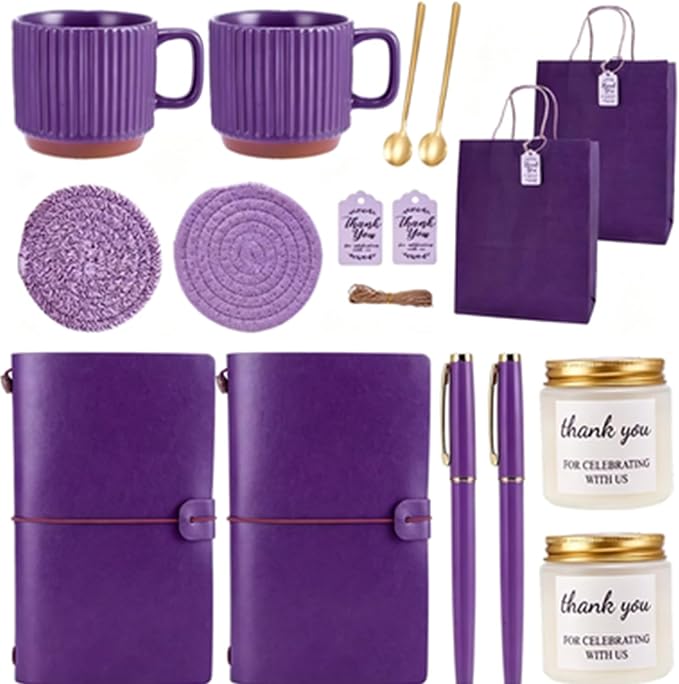 Baby Shower Prizes for Game Winners Baby Shower Games Prizes Ceramic Mugs with Metal Spoons Woven Coasters Notebooks Scented Candles Gift Bags Wedding Bridal Shower Favors for Guests (4, Purple)