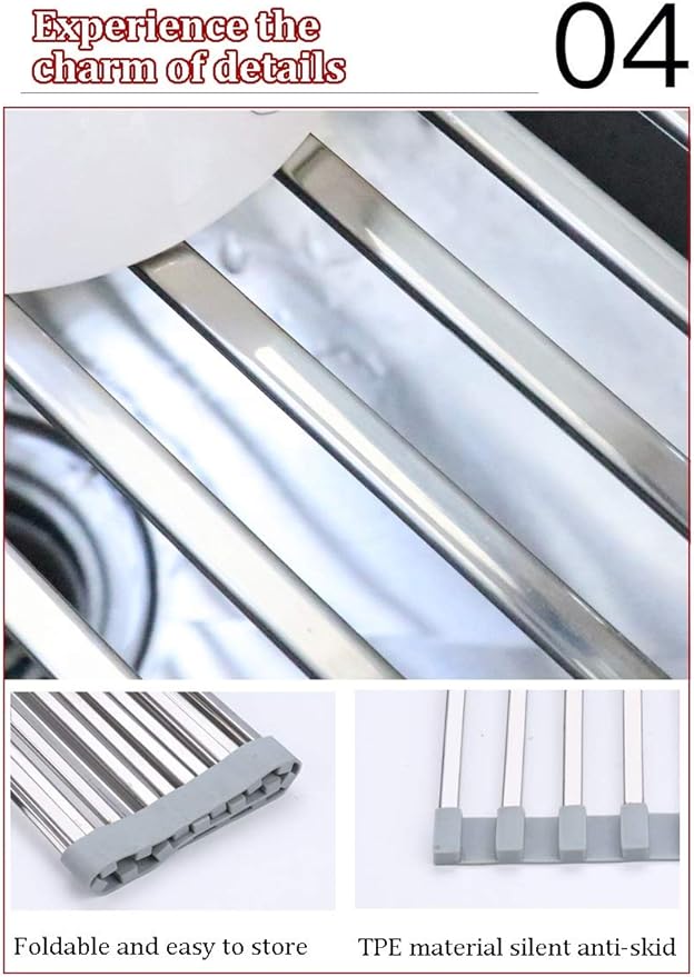 Roll Up Dish Drying Rack Over The Sink Foldable Dish Drainer Silicone Covered Stainless Steel Rod Ends Multipurpose Kitchen Utensils Easy to Store(Size:50x33cm)(Tobes - 20,43x33cm)