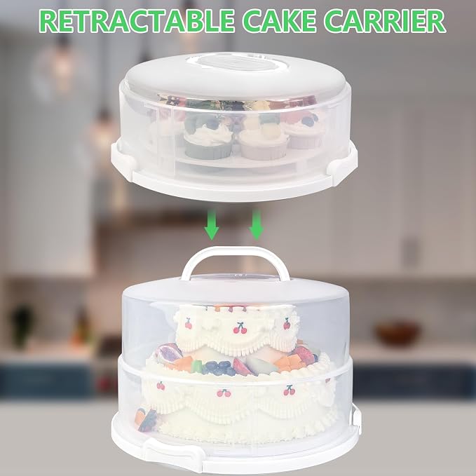 12 Inch Cake Carrier with Lid & Handle BPA-Free Cake Transport Container, Includes Insulated Bag, Cupcake & Pie Holders for Secure Dessert Delivery (Fits 7" Tall Cakes) (Grey)