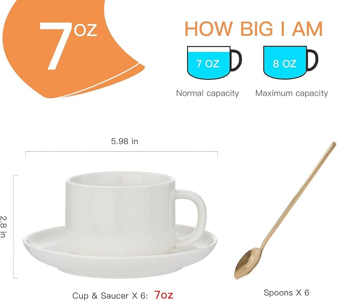 8oz Cappuccino Cups Set of 6, Tea Cups with Saucers and Spoons, White Ceramic Tea Cups Set Coffee Mugs for Tea Cappuccino Espresso Latte Mocha Au Lait Macchiato Cafe