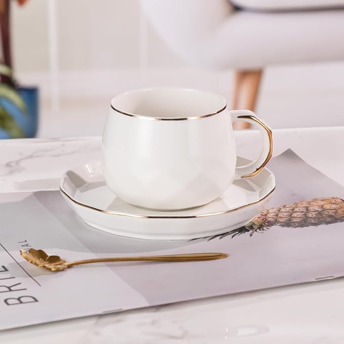 KAMMAK Tea Cups and Saucers Set of 2, 7.1oz Porcelain Coffee Cups with Saucers, Ceramic Espresso Mugs for Coffee, Latte, Americano, Tea, Elegant Teacup and Saucer (YFH5)