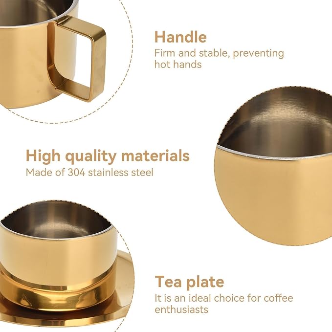 2Pcs Espresso Cups and Saucers Set, Coffee Cup and Saucer Set Gold Coffee Mug Stainless Steel Demitasse Cups Exquisite Luxury Small Coffee Containers for Latte Cappuccino Tea, 200ML
