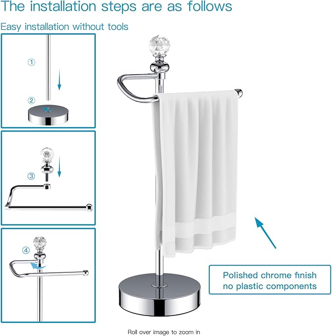 ROLABAM Bath Hand Towel Holder Standing, Stainless Steel Stable Free-Standing Towel Bar for Bathroom Kitchen Countertop, Rustic Towel Ring Stand with Crystal Ball 15.7” H (Polished Chrome, 2 Pack)