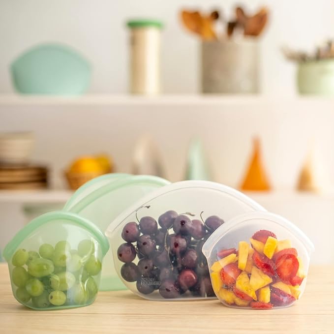 Food Huggers Hugger Bags Silicone Reusable Lunch & Snack Bag Durable Storage, BPA Free, Dishwasher & Freezer Safe, Stand-Up Resealable Produce Pouch | Large 30 fl oz, Clear (Pack of 2)
