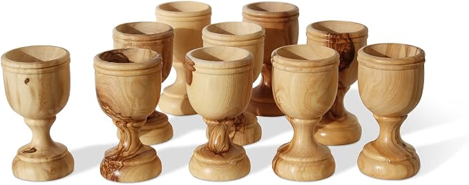 THE JERUSALEM GIFT SHOP SINCE 2004 10 Small Communion Cups. Hand Carved Kiddush Cup from Olive wood - for Church, Ministry & Worship events with Certificate of Origin.