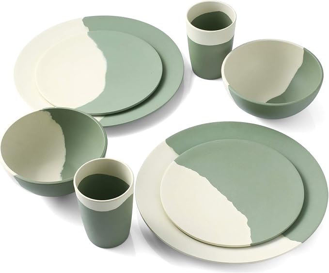 MORGIANA 8 pcs Bamboo Dinnerware Set Reusable Plates Bowls Sets, Camping Picnic Dishes Tableware Set for 2 (Green & White)