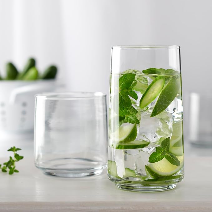 Anchor Hocking Finlandia Drinking Glasses, 16 Piece Set, (8) 12 Ounce, (8) 16 Ounce, Clear Glass