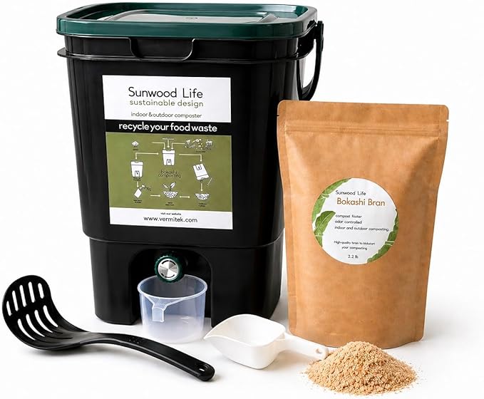 Indoor Bokashi Composter Starter Kit, 2.2 lb Premium Bokashi Bran Included, Easliy Turn Your Kitchen Wastes into Nutrition for Your Garden Soil (Black)