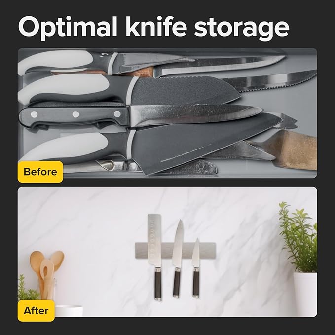 Knife Magnetic Strip 10" Steel – Magnetic Knife Holder for Wall no Screws – Kitchen Utensil Holder, Knife Bar, Knife Rack, Kitchen Organizer and Tool Holder