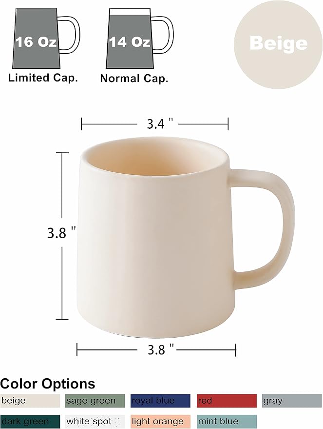 T-WARE 16 Oz Coffee Mugs, Matte Beige Mug Set of 4, Ceramic Mugs Coffee, Solid Color Coffee Cups Ceramic