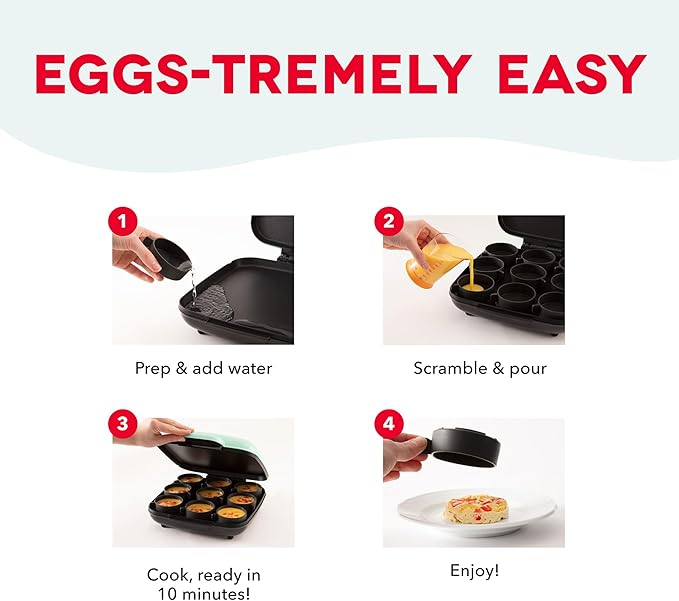 Dash Family Size Egg Bite Maker - Electric Egg Bite Maker with Non-Stick Silicone Cups - Space-Saving Design & Quick Cleanup - Make Sandwiches, Healthy Snacks & Desserts - 9 Servings, Red
