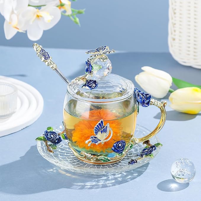 Christmas Gift Coffee Mug Tea Cup with Lid Saucer Birthday Gift for Women Friend Mother's Valentine's Day Rose Butterfly Cup Wedding Anniversary(Short Blue)