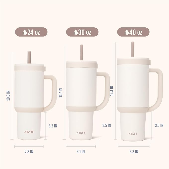 Ello Oasis 40 oz Tumbler with Handle & Retracting Straw | Reusable Insulated Stainless Steel Cup 100% Leakproof, Gifts for Teens Women Men | Keeps cold for 24 Hours, Cup Holder Friendly, Cream Tonal