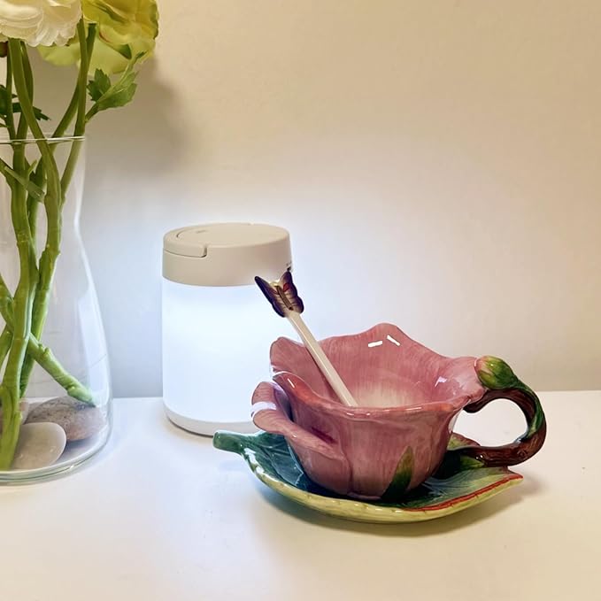 Ceramic Tea Cup and Saucer Set ，6OZ 3D Hand-Painted Flower and Lotus Leaf Coffee Mug，Gift for Women- Dark Pink Rose
